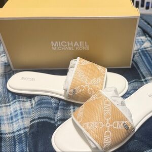 Michael Kors White and Tan Slide Sandals